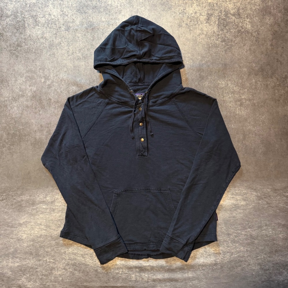Patagonia Womens L Navy Blue Organic Cotton Tencel Snap Henley Hoodie Pullover